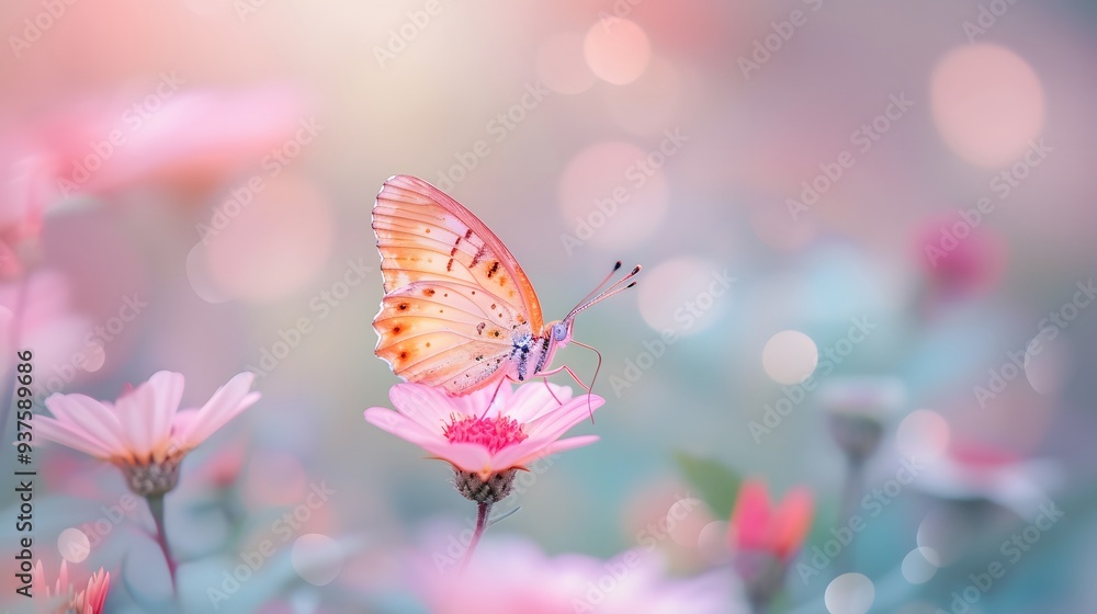 Poster macro representation of a charming butterfly resting on a flower in a minimalistic style ai generate