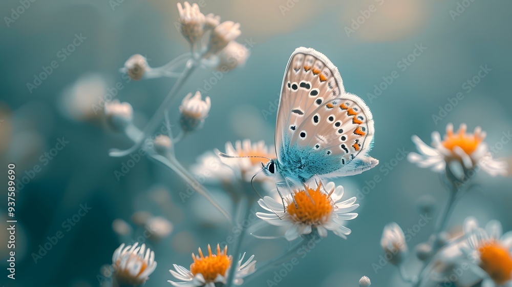 Poster macro representation of a charming butterfly resting on a flower in a minimalistic style ai generate