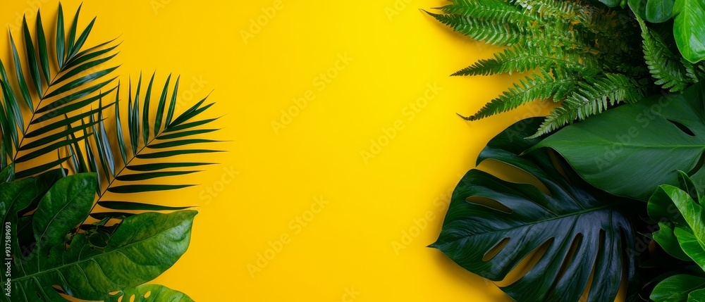 Poster  Green leaves on yellow background Text space on the left side