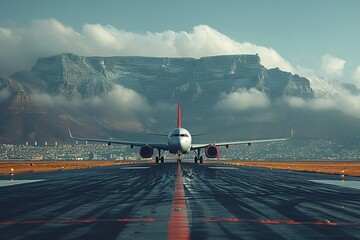 Airplane, airport and runway near terminal and boarding steps for a flight for travel, logistics or commercial transport Plane, aircraft and airline vehicle outdoors in Cape Town International