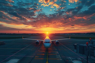 Airplane at the terminal gate ready for takeoff - Modern international airport during sunset - Concept of emotional travel around the world