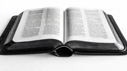 Black Leather Bible Open to a Single Page on Clean White Background