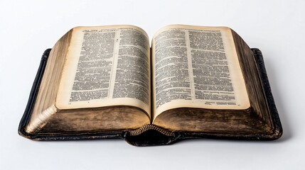 Obraz premium Black Leather Bible Open to a Single Page on Clean White Background