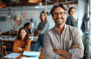 Fototapeta premium Smiling Man With Glasses In Open Office Environment With Colleagues In Background