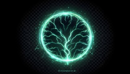 glowing electric green lightning round frame with plasma portal, isolated on transparent layer overlay or black background