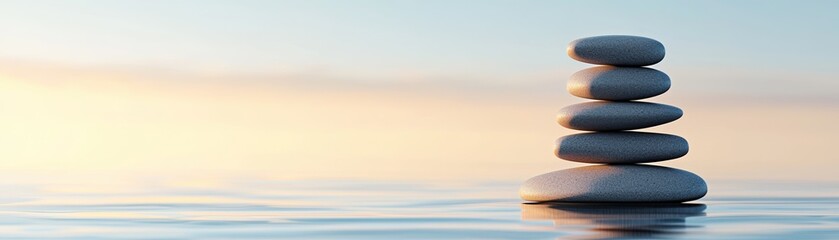 A serene stack of smooth stones balances peacefully on calm water, creating a tranquil and meditative atmosphere at sunset.