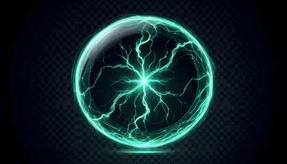 glowing electric green lightning round frame with plasma portal, isolated on transparent layer overlay or black background