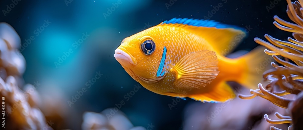 Wall mural  A tight shot of a vibrant blue-yellow fish against a backdrop of intricate corals and crystal-clear water