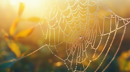 Dewdrops on a Spider Web at Sunrise