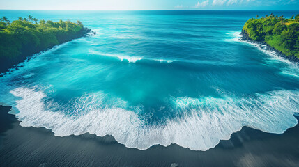 Bird's eye view of black sand beach and surf in Hawaii