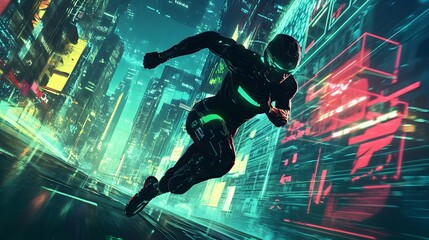 Futuristic City with Leaping Superhero Athlete in Motion