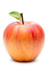 A shiny apple with a smooth surface and a brown stem, set against a white background.
