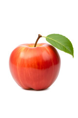 A shiny apple with a smooth surface and a brown stem, set against a white background.