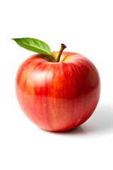 A shiny apple with a smooth surface and a brown stem, set against a white background.