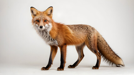 Fototapeta premium curious red fox standing with tail fluffed, isolated on white background