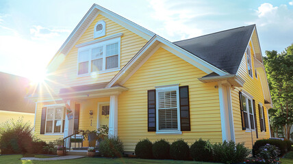 A sunny lemon yellow house with traditional windows and shutters brightens up the suburban landscape, adding a touch of cheer to the neighborhood on a beautiful day.