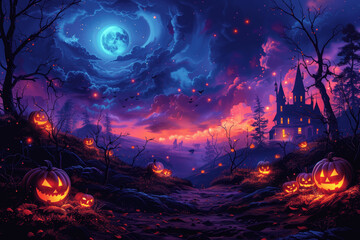 Spooky Halloween Night Scene With Full Moon Haunted House Glowing Jack-O-Lanterns Eerie Landscape