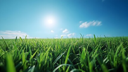 Fototapeta premium Lush Green Meadow Under Bright Sunny Blue Sky with Fluffy Clouds on Cloudless Day