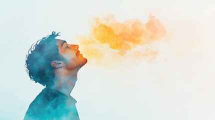 A silhouette of a man exhaling colorful smoke, creating a vibrant artistic effect with mystical and dreamy overtones.