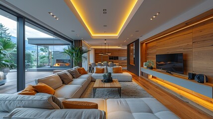 Modern living room interior with cozy seating, warm lighting, and panoramic windows overlooking a beautiful landscape in a contemporary home