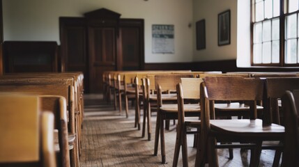 Middle and late 20th century, classroom, education, empty classroom, wooden chair, sense of history, design, school, classroom, cultural carrier, conference, library, wood, nobody, empty, luxury,