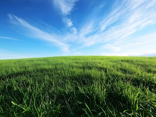 Obraz premium Expansive Green Meadow Under Dramatic Blue Sky with Fluffy Clouds