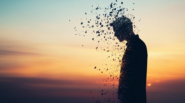 A silhouette of a person dissolving into particles against a vibrant sunset, symbolizing transience and the fragility of identity.