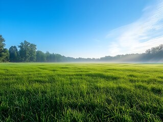 Fototapeta premium Tranquil Meadow at Dawn with Clear Blue Sky and Lush Green Grass