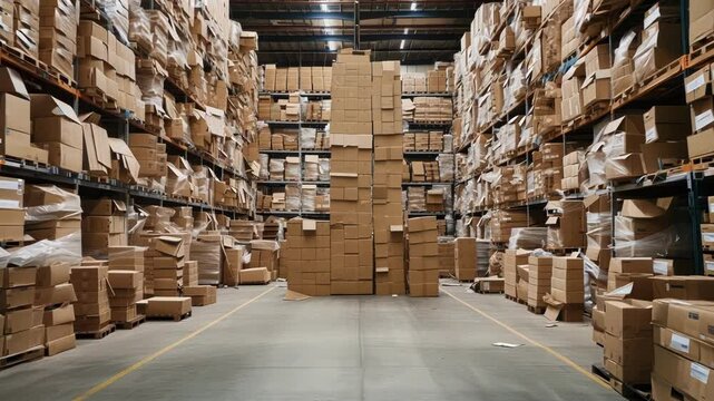 Cardboard boxes of various sizes are stacked high on shelves and pallets, filling a modern warehouse with an aisle down the middle