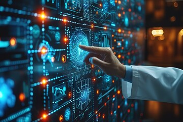 Close up of Doctor is touching digital virtual screen for analytics Medical data , Medical technology concept