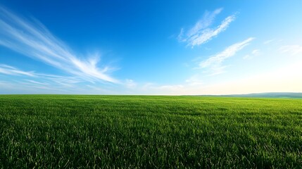 Fototapeta premium Expansive green meadow with clear blue sky and wispy white clouds on a tranquil day