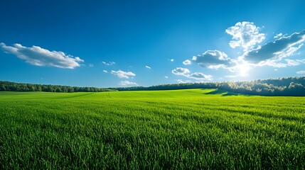 Obraz premium Breathtaking panoramic view of lush green meadow under a clear blue sky with clouds and sunlight
