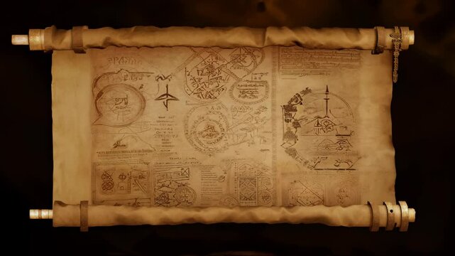 An ancient scroll featuring a detailed world map, showcasing various regions, landmarks, and oceans, offers a glimpse into historical cartography and exploration.