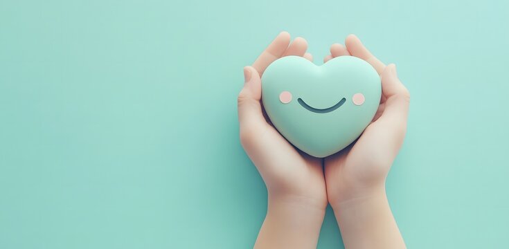 hands holding green smiley face in heart shape on pastel blue background - Powered by Adobe