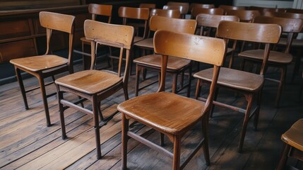 Middle and late 20th century, classroom, education, empty classroom, wooden chair, sense of history, design, school, classroom, cultural carrier, conference, library, wood, nobody, empty, luxury,