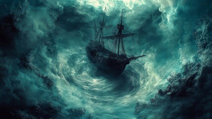 Water color of A haunting scene of a ship caught in a turbulent storm, creating a dramatic atmosphere with swirling dark clouds and waves.