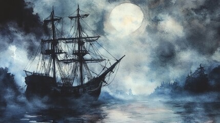 Water color of A majestic sailing ship glides through a foggy moonlit sea, evoking mystery and adventure in a tranquil night scene.
