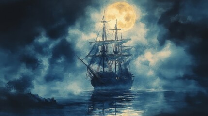 Fototapeta premium Water color of A majestic sailing ship under a full moon, navigating through dark, misty waters, evoking a sense of adventure and mystery.