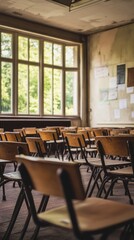 Middle and late 20th century, classroom, education, empty classroom, wooden chair, sense of history, design, school, classroom, cultural carrier, conference, library, wood, nobody, empty, luxury,