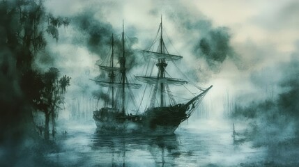 Fototapeta premium Water color of A mystical ship sailing through a foggy landscape, creating an enchanting atmosphere of adventure and mystery.