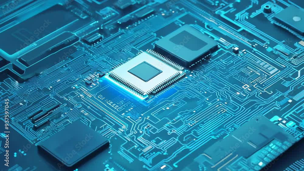 Poster a detailed close-up showcases a computer chip intricately placed on a motherboard, highlighting the 