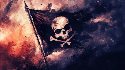 Naklejka premium Water color of A striking pirate flag featuring a skull and crossbones, set against a dramatic, colorful background, representing adventure and danger.