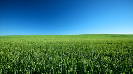 Obraz premium Lush green meadow under a clear blue sky in a tranquil countryside landscape
