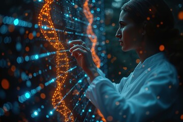 Doctor or scientist using smart visual interface screen,information molecule and DNA helix structure,virus,stem cells,cell sample ,concept healthcare,medical,science,technology,biology development