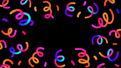 Template, banner with 3d confetti from party poppers, flying to the sides neon ribbon, streamers on black background, fireworks for birthday celebration with empty space for text. Vector EPS10