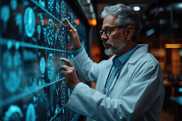 Doctor presenter shows health care system on virtual computer screen