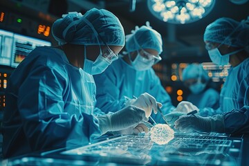 Doctor surgeon operating on ill patient brain using tools and computer holographic user interface UI simulation technology concept, futuristic innovation tech medical healthcare operation room