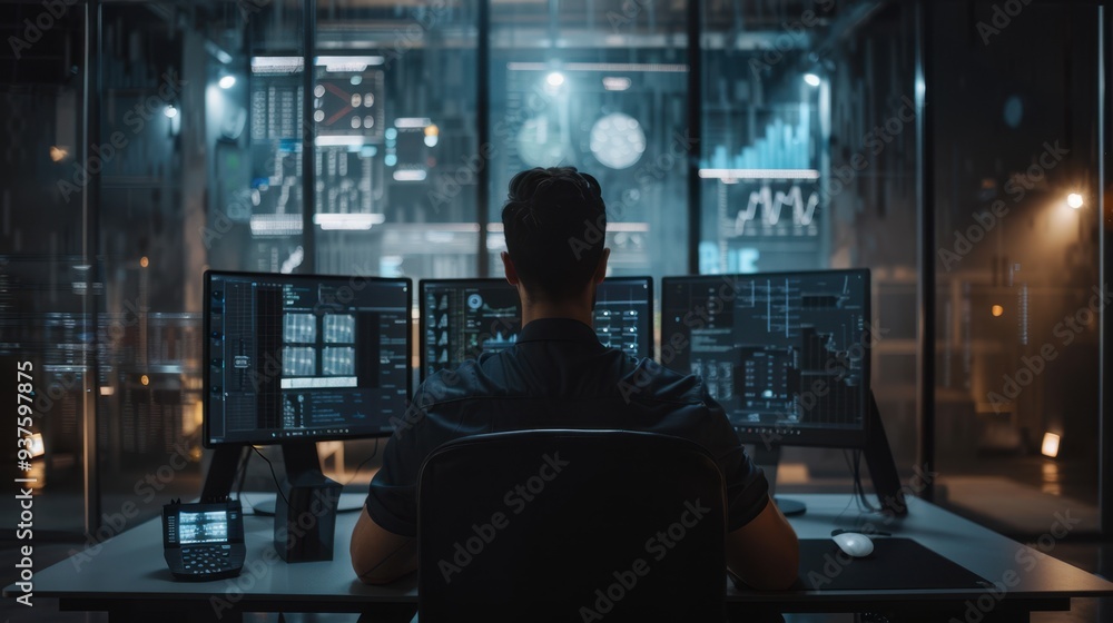 Poster man at computer workstation