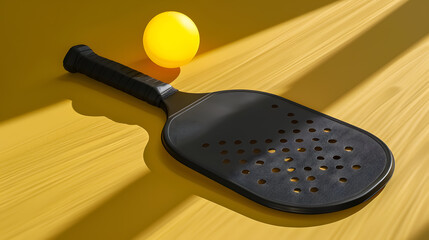 Pickleball Paddle with Spotlight: Pickleball paddle with a black handle and yellow ball