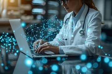 Doctor with laptop healthcare network connection concept Science and medical innovation technology future sustainable smart services and solutions in global research networks